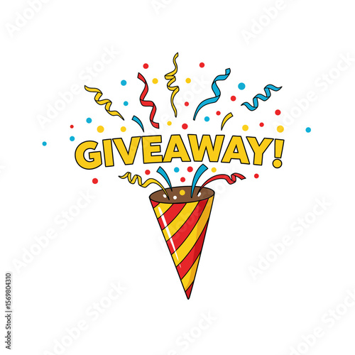 A cartoon graphic of a giveaway party popper with colorful streamers and confetti.
