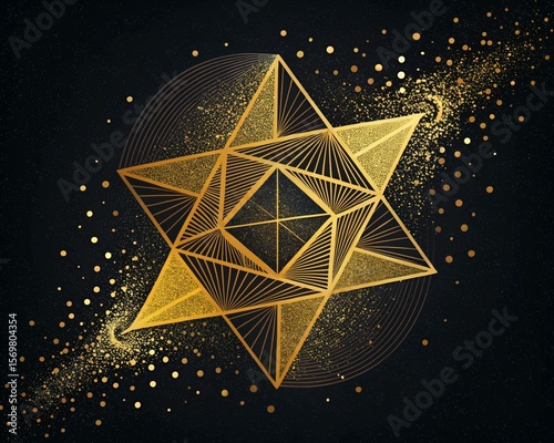 Golden Merkaba Star with Sparkling Particles: Sacred Geometry and Mystical Design