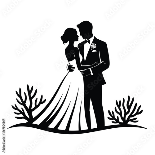 Coral Wedding Invitation Design Silhouette, Vector, Illustration, Outline, Line Art, Icon, Logo, White Background.