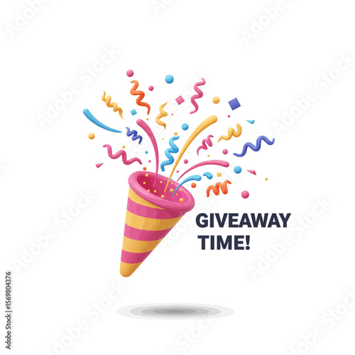 Colorful party popper exploding with confetti and streamers, "Giveaway Time!" text.