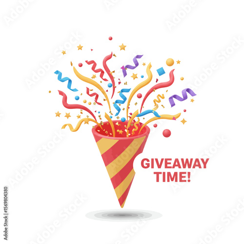 A party popper bursts with colorful confetti, streamers, and stars, celebrating "Giveaway Time!".