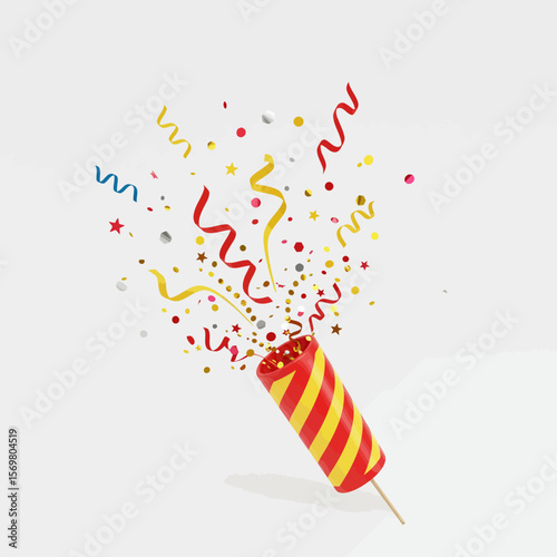 A red and yellow striped party popper explodes, showering colorful confetti and ribbons.