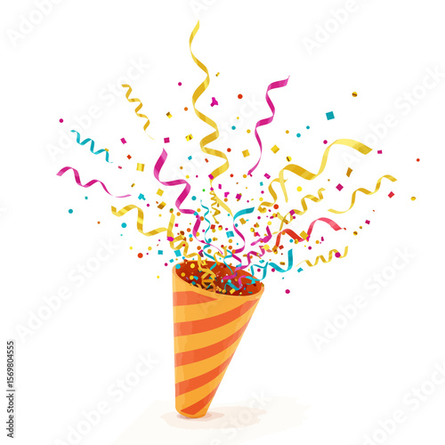 A party popper explodes with colorful confetti and streamers against a white background.