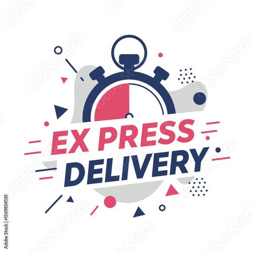 Express delivery concept featuring a stopwatch and abstract geometric shapes.