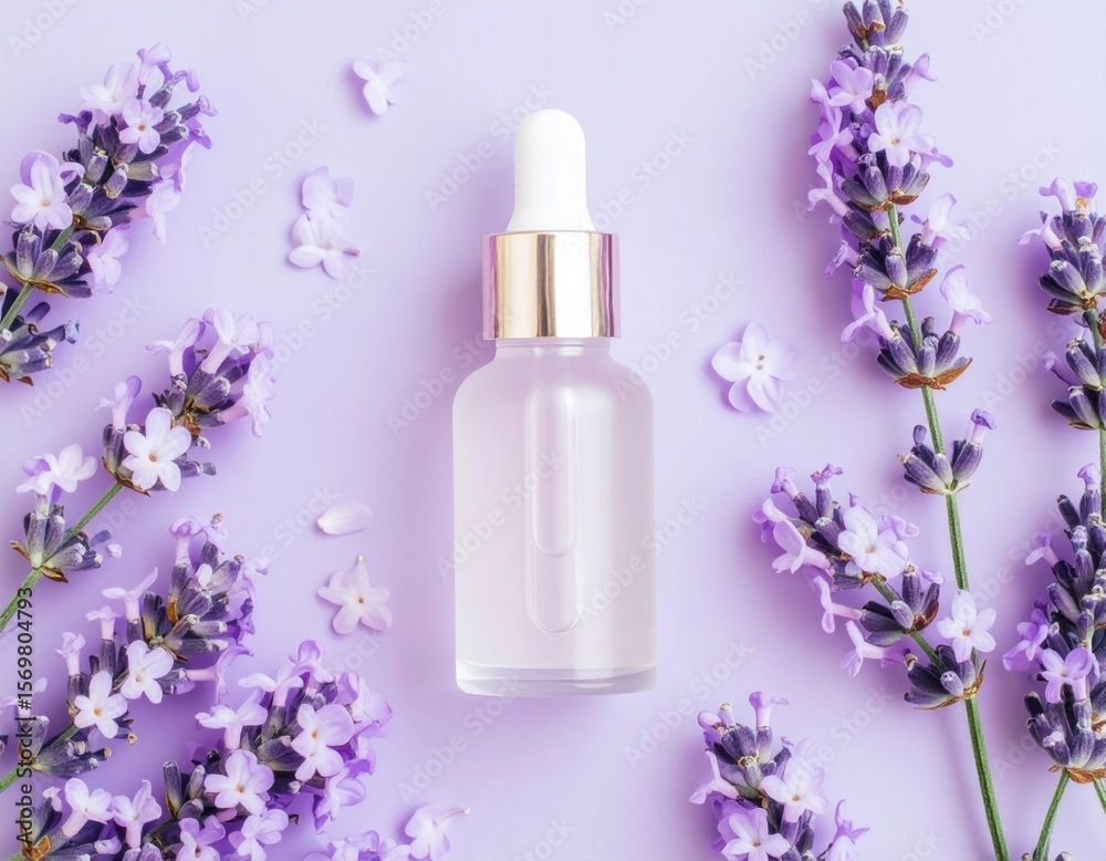 Lavender Essential Oil Serum Bottle with Flowers Lavender Essential Oil Serum Bottle with Flowers