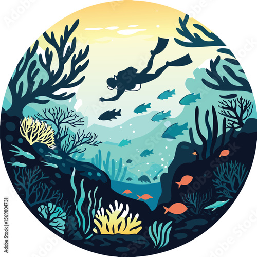 Scuba Diver Exploring Coral Reef with Fish in a Circular Design