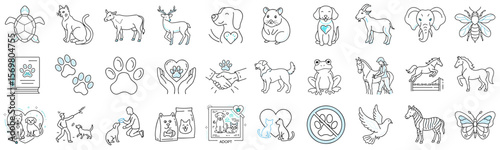 Touching set of icons of animals, animal care, love for animals for veterinary services, animal shelters and adoption campaigns, for site navigation
