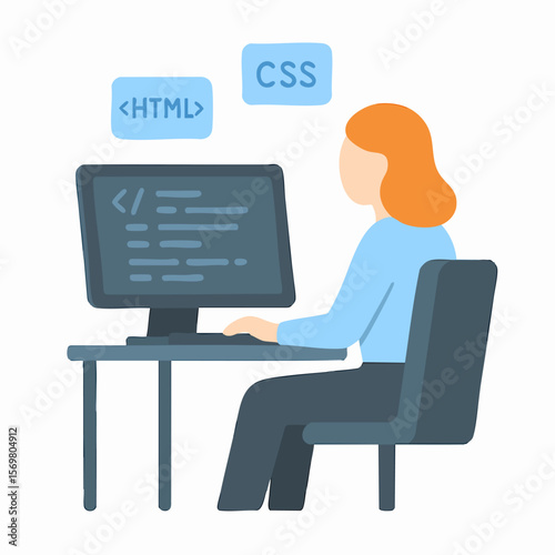 Flat Style Woman Working On Computer with HTML CSS Coding Illustration