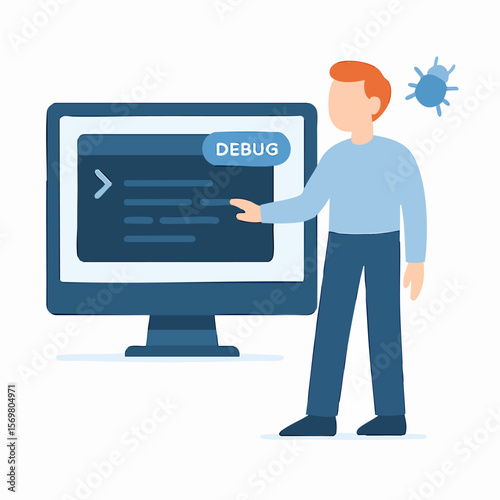 Flat Style Illustration of Debugging Computer Screen with Programmer and Bug