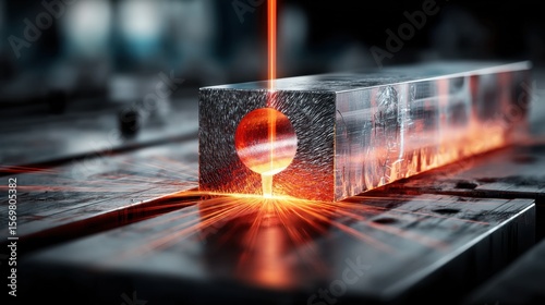 An industrial marvel unfolds as a laser precisely cuts through a metallic block, igniting sparks and illuminating the essence of modern manufacturing. 