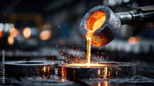 Molten metal pours from a crucible into a mold, a vibrant display of industrial processes. The scene emphasizes the raw power and precision in the heart of a metalworks.