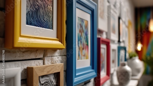 Fototapeta Naklejka Na Ścianę i Meble -  A wall of framed pictures with a mix of colors and styles