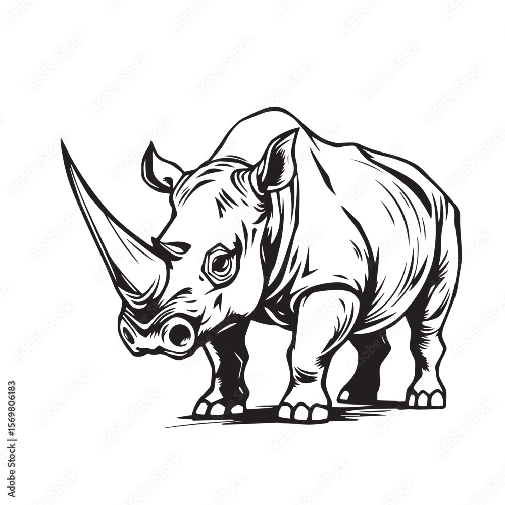 Fototapeta premium Rhino with horn bold line sketch vector design concept black and white illustration.