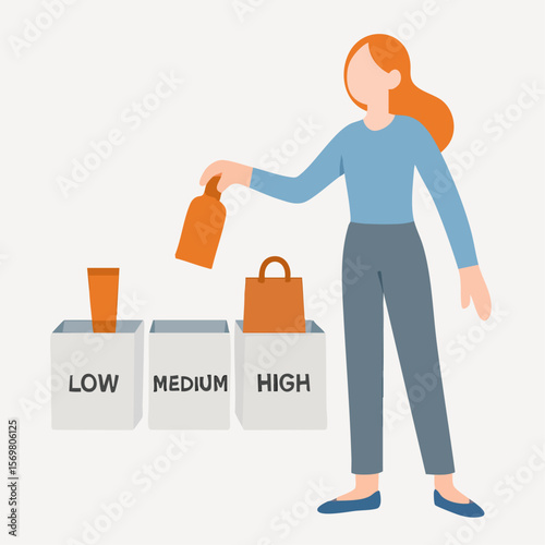 Flat Woman Sorting Recyclable Waste Into Low Medium High Bins Illustration