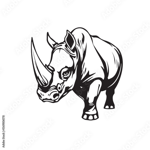 Rhino with horn bold line sketch vector design concept black and white illustration.