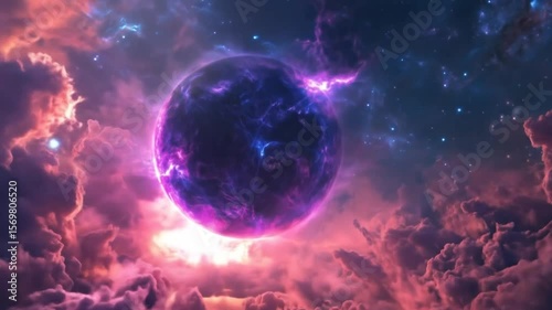 A dark purple, glowing sphere dominates the scene, surrounded by pink and purple nebula clouds and distant stars.