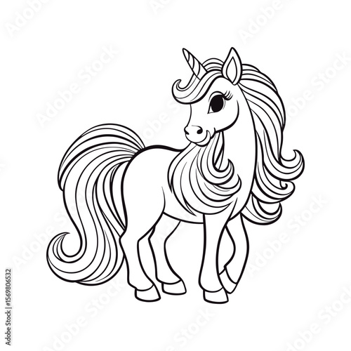 a magical unicorn with a long tail and flowing mane coloring book vector illustration