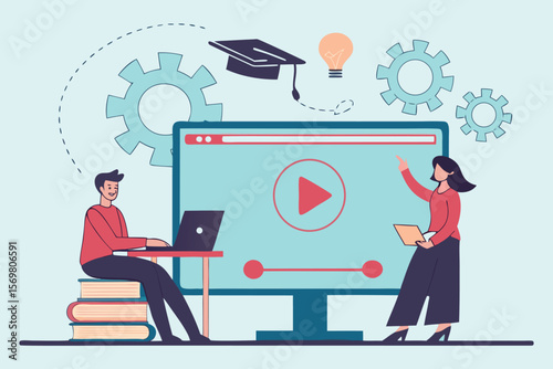 Cartoon businessman or woman using a laptop in the office, a concept illustration of technology, communication, and job success