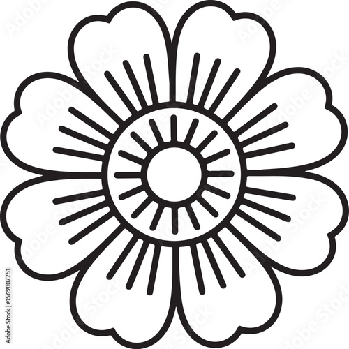 Black and white stylized flower with radiating petals and central sunburst detail bloom botanical