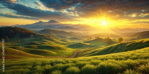 Vibrant Golden Hour Landscape: Lush Green Fields and Sunlit Hills