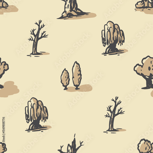 Seamless pattern of old map. Hand drawn forest top view. Park view from above. Doodle background with trees aerial POV.