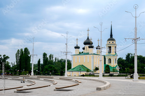 Voronezh, Russia, May 31, 2025: Assumption Admiralty Cathedral and Admiralty Square in summer