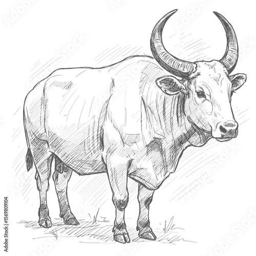 Kouprey – Bos sauvel. A hand-sketched bull figure with curved horns standing on grassy terrain. The illustration captures detailed texture and shading on a white background, representing farm 