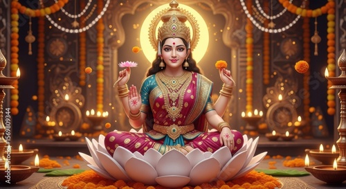 Devotional depiction of Goddess Lakshmi seated on a lotus flower surrounded by diyas and marigold flowers during a festival celebration in India