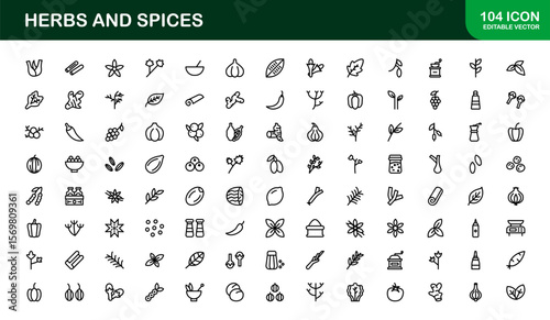 Herbs and Spices Line Icon Collection. Unique, premium icon pack of organic herbs and spice visuals in a simple linear design for creative, gourmet, and natural product applications.