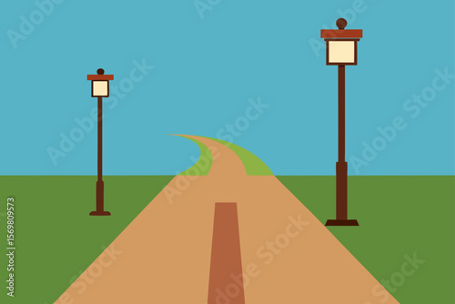 Straight Dirt Path Through A Park Wooden Lamp Posts