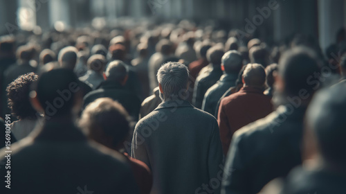 Urban crowd with anonymous individuals walking in city street