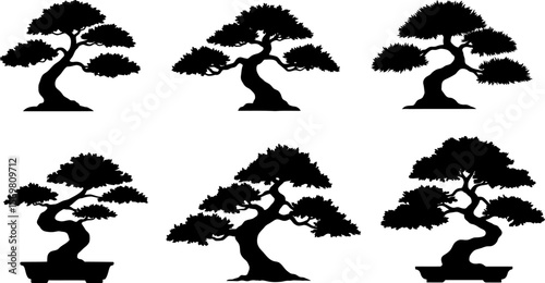 Bonsai tree silhouette vector art set, japanese miniature trees illustration, zen garden design 95