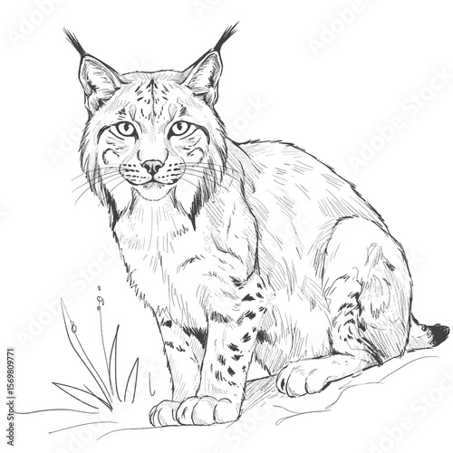 Iberian Lynx – Lynx pardinus. Iberian lynx vector stylized line drawing features a seated bobcat. Suitable for wildlife illustrations, logos, and animal conservation campaigns.