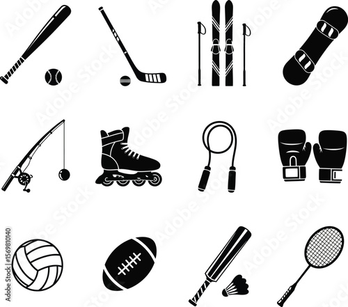 Collection of black and white sports equipment icons on a white background