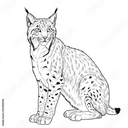 Iberian Lynx – Lynx pardinus. Iberian lynx vector stylized line drawing features a seated bobcat. Suitable for wildlife illustrations, logos, and animal conservation campaigns.
