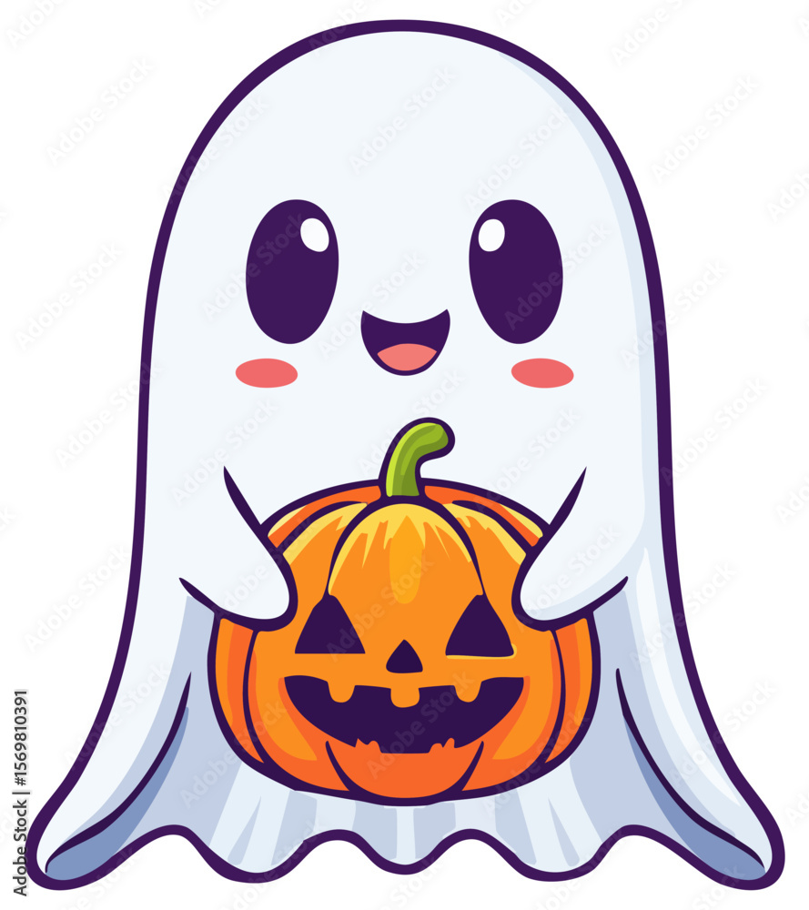 Fototapeta premium Cure cartoon ghost holding a halloween jack o lantern