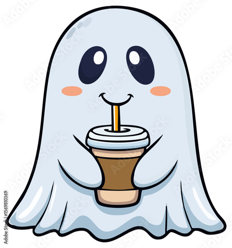 Cute cartoon ghost sipping coffee 