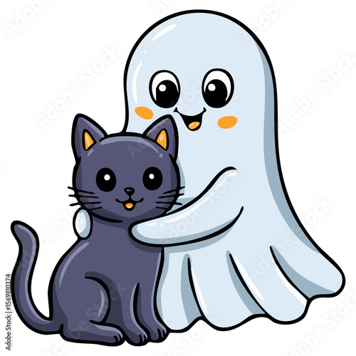 Cure cartoon ghost hugging a black cat 