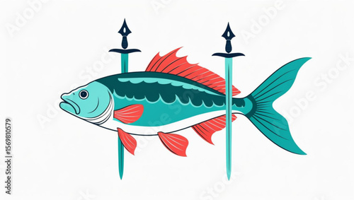 Fish pierced by two swords; a symbolic vector illustration of sacrifice, conflict, or betrayal