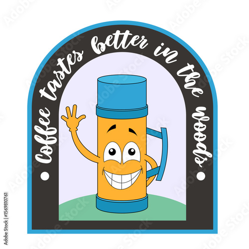 Sticker Design Depicting a Cheerful Thermos. Illustration of an Unusually Shaped Label Featuring a Liquid Container. Stickers in the style of y2k/ Design with kawaii emotions