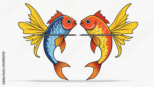 Symmetrical illustration of two colorful fish pierced by a needle, symbolizing duality, love, and the Pisces zodiac sign.