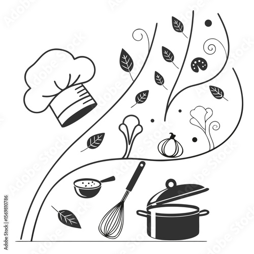 Chefs Hat Cooking Pot Utensils Leaves Design chef hat