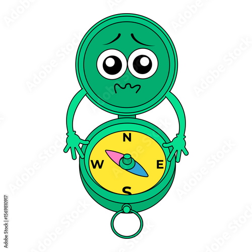 Illustration of a Sticker Featuring a Compass Pointing Northwest. Design of a Sad Open Magnetic Compass Sticker. Design with kawaii emotions. Stickers in the style of y2k