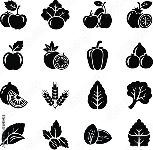 Collection of black and white icons representing various fruits vegetables grains and herbs