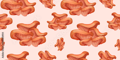Vector Illustration of a Seamless Pattern with Large Mushrooms. Pattern Design Featuring Chanterelle Mushrooms in Various Shapes.