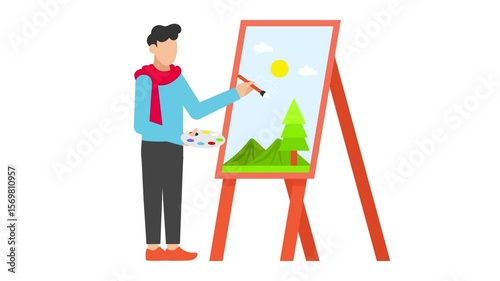 creating and searching for inspiration while balancing with everything in life animation, Paint Artist Painting on Canvas animated video,behavioral orientation Clip, Individual Style of life footage