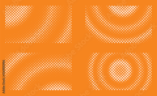 Halftone comic dot pattern vector set. Abstract radial and diagonal gradient dots on orange background for pop art retro style graphic design use.