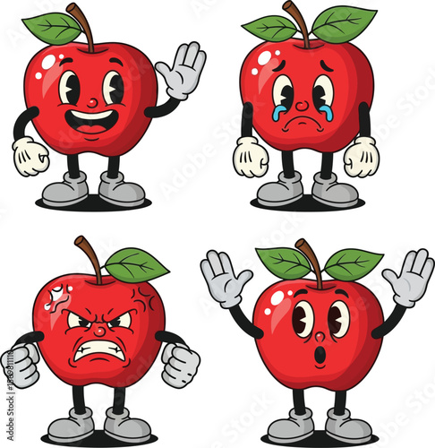 Four cartoon apples expressing different emotions: happy, sad, angry, and surprised, each with unique facial expressions and gestures.