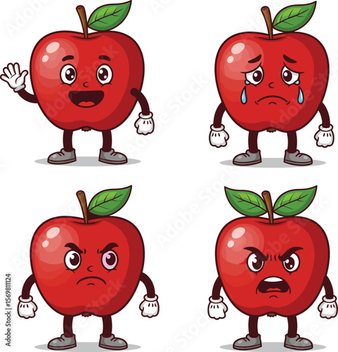 Four cartoon apples displaying different emotions: happy, sad, angry, and furious.