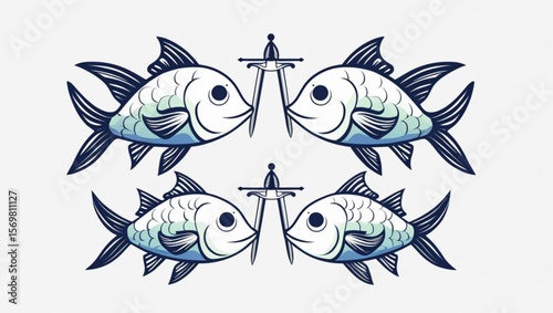 Symmetrical Fish and Swords Illustration